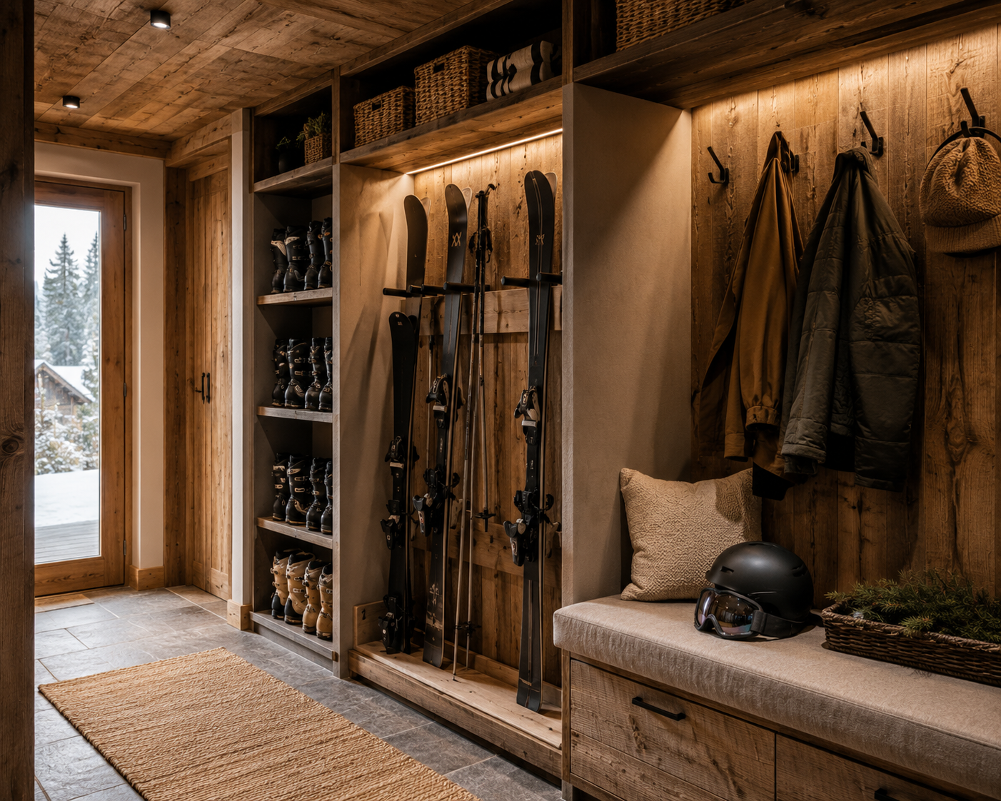 Entrée de chalet avec rangements intégrés pour skis, chaussures et équipements de montagne