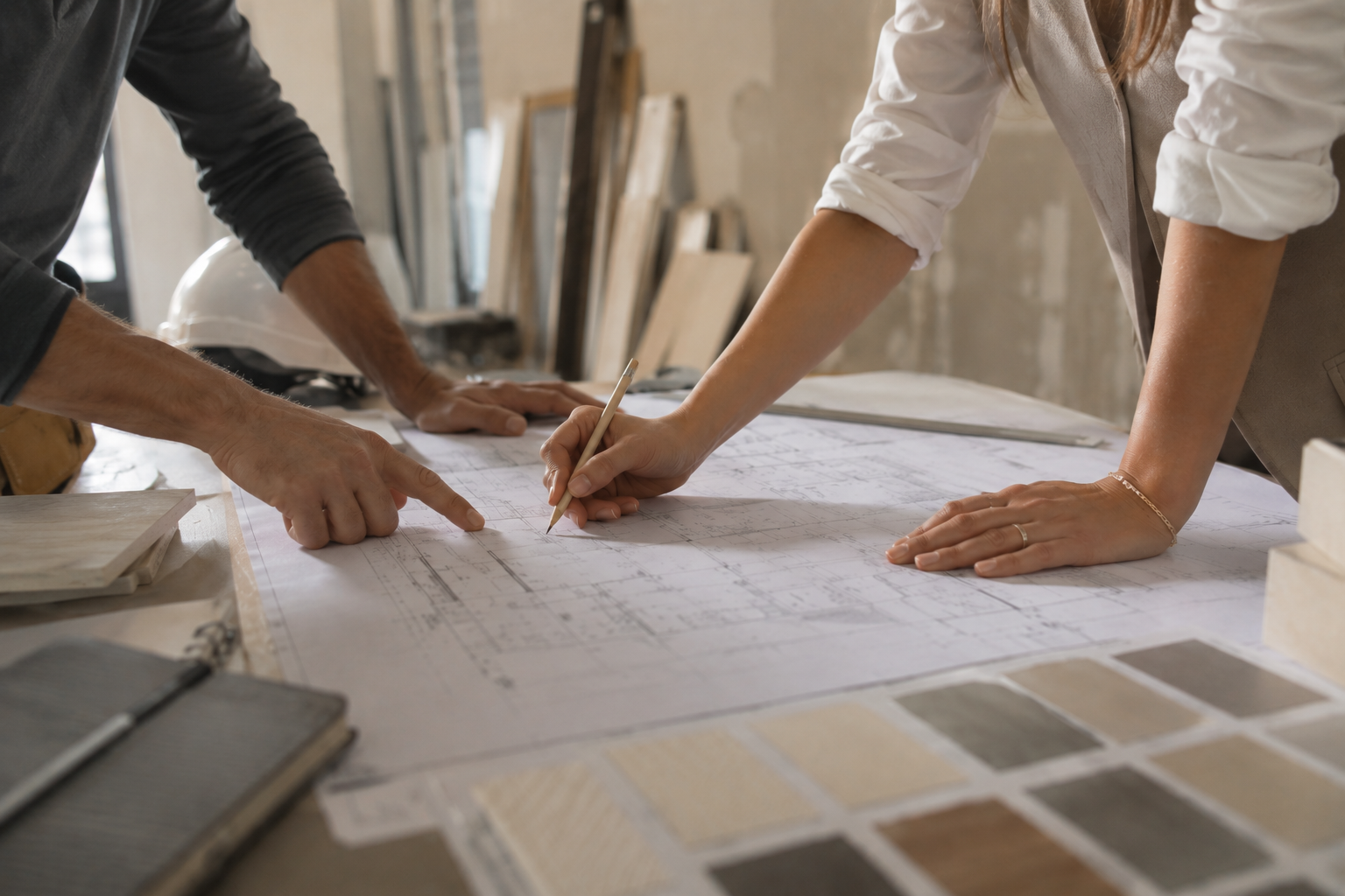 Architecte d'intérieur en échange avec un artisan sur un chantier de rénovation à Chamonix
